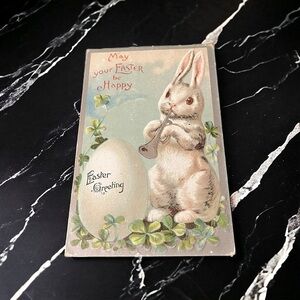 Vtg 1918 Postcard Anthropomorphic Easter Bunny Playing Horn Egg Clover Embossed